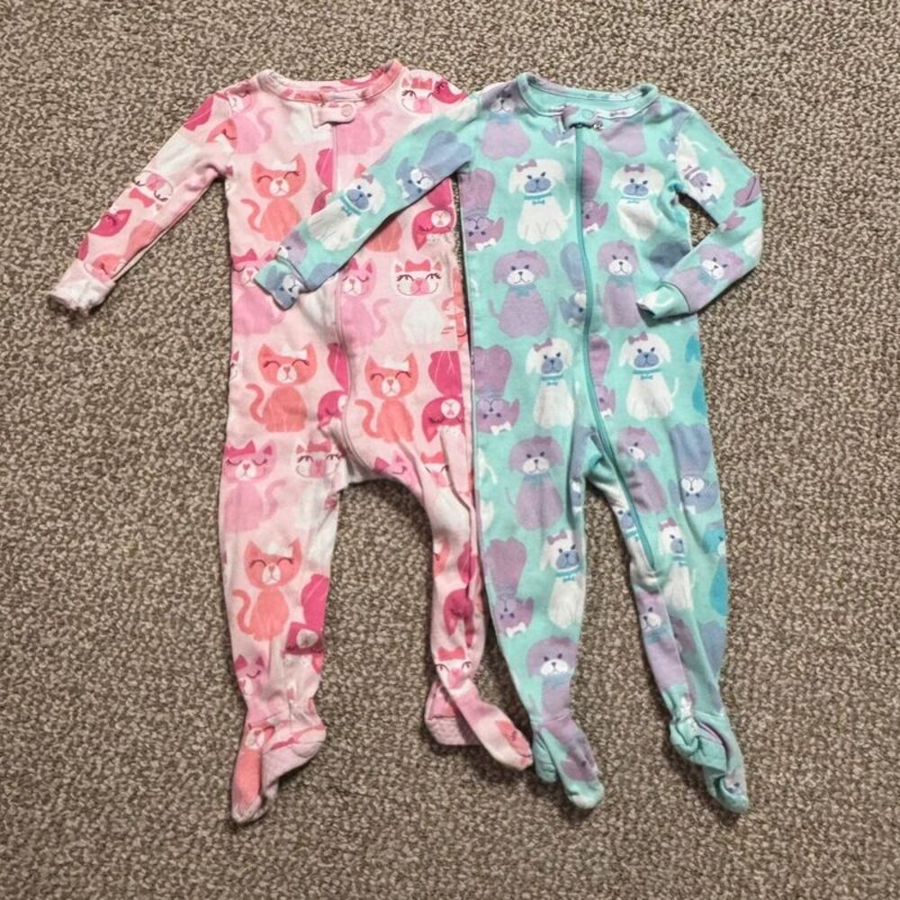 Set of 2 PJ Place Baby Girl Footed Pajamas Pink Cats Blue Dogs Print 12-18 Month